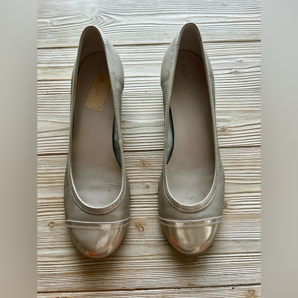 Cole Haan Metallic Leather Cap Toe Wedge Pumps Size 10.5